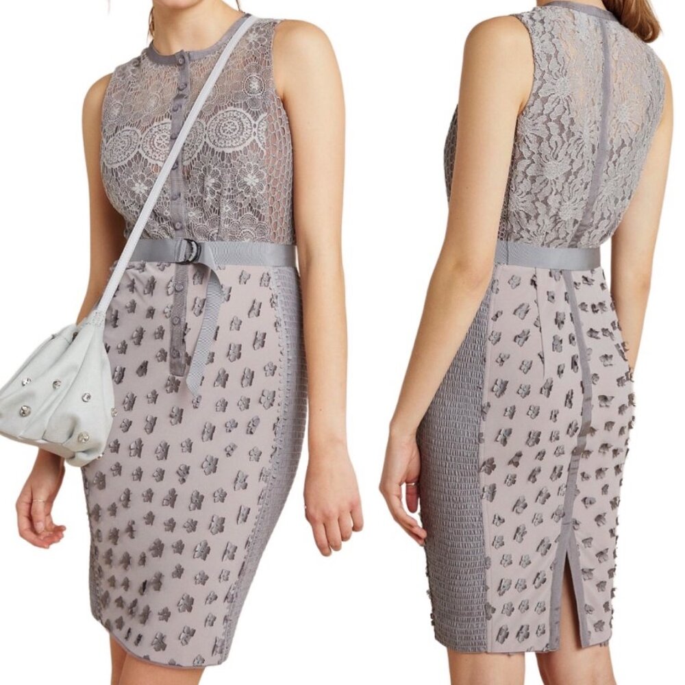 Byron Lars Beauty Mark Gisella Lace Sheath Dress in Grey 3D Florals Women's Sz 8